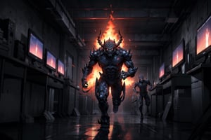 monsters running in the corridor BREAK fires everywhere, labs and computers on fire BREAK  (masterpiece, best quality, ultra-detailed, 8K, realistic:1.2, intricate:1.2, rule of thirds), cinematic lighting, night, (dark environment)