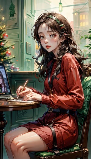 beautiful girl using notebook computer,sitting in cafe with X-mas tree and decoration,small face,red clothes,watercolor,by catherine kehoe,jenny saville and liu xiaodong,1 girl,kwon-nara