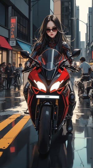 a cyborg girl in mecha armor. Black and red colored armor. neon light lines glowing, exquisite face, soft shiny skin, longhair blowing, sunglasses. riding a motor cycle, kawasaki ninja h2 carbon at high speed,city street backdrop,puddles,focused expression,dark
BREAK
realistic,detailed,sharp focus,high contrast,rule of thirds,depth of perspective,award-winning photo,chiaroscuro lighting,ek_g1rl_02,acryli painting,ink style