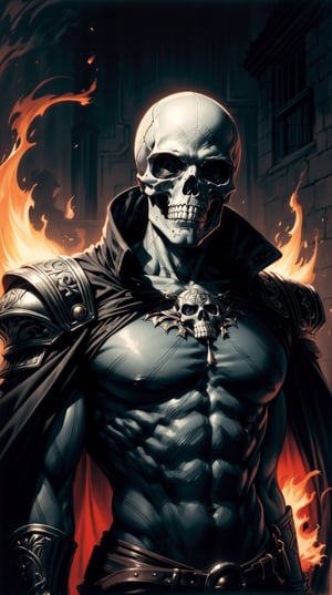 (masterpiece,best quality,ultra-detailed,8K,aesthetic, intricate,realistic,high contrast,sharp focus):1.3,illustration of man with skull-head and skeleton-body,clad in black cape,(black) skeleton-shaped form-fitting armor,flames and fires on ground,upper body,oil painting,drawing by frank frazetta,color by peter mohrbacher,cinematic lighting