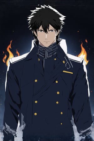 Roy Mustang, a lone figure shrouded in darkness, gazes directly at the viewer with an expressionless face, black hair neatly styled, and white gloves glistening under the dim light. He stands tall, sleek army colonel uniform perfectly aligned, military coat on shoulders, blue pants reflecting the faint embers of flames dancing nearby. His eyes gleam like polished coal, a hint of seriousness etched on his face as he adjusts his jacket's collar. Flickering sparks with flames illuminate the dark tunnel backdrop, where the edges of his long sleeves and gloves seem to absorb the light.
BREAK 
(rule of thirds:1.3),perfect composition,trending on artstation,(thick and clear drawing lines:1.3),(masterpiece,best quality,32K,UHD,sharp focus,high contrast,hyper-detailed,intricate details,ultra-clear,cinematic lighting,vivid colors:1.5),ek_ani_b00ster,ek_art_b00ster