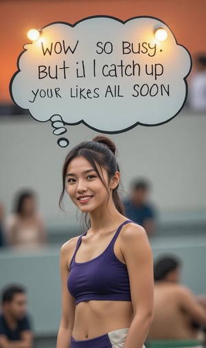 A cute girl smiling, a big word balloon on top saying "Wow so busy. But I'll catch up your likes all soon~", wearing athletic uniform. ek_ph0t0_b00ster,ek_g1rl_02