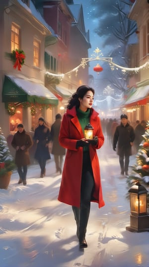 Create AI art portraying the beautiful woman in a Christmas setting, a snowy park adorned with twinkling lights and festive decorations. Picture her strolling along a path surrounded by glistening snow, with the soft glow of holiday lights casting a warm and magical ambiance. The scene should evoke a sense of tranquility and joy, capturing the essence of a peaceful Christmas moment in a charming winter landscape.,kimtaeri-xl,digital painting