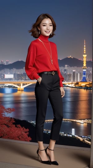 Hyper-Realistic photo of a girl,20yo,1girl,perfect female form,perfect body proportion,perfect anatomy,detailed exquisite face,soft shiny skin,smile,mesmerizing,short hair,small earrings,necklaces,elegant jacket,red color,louis vuitton bag
BREAK
backdrop of a beautiful night scene of Han River in Seoul,Korea,bridge,buildings with lights,Han River,mountain,Namsan Tower,(fullbody:1.3),(distant view:1.2),(heels:1.3),(model pose)
BREAK
(rule of thirds:1.3),perfect composition,studio photo,trending on artstation,(Masterpiece,Best quality,32k,UHD:1.5),(sharp focus,high contrast,HDR,hyper-detailed,intricate details,ultra-realistic,award-winning photo,ultra-clear,kodachrome 800:1.3),(chiaroscuro lighting,soft rim lighting:1.2),by Karol Bak,Antonio Lopez,Gustav Klimt and Hayao Miyazaki,photo_b00ster,real_booster,ani_booster,kim youjung,kim_heesun