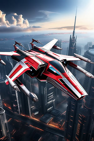 A realistic photo of starship x-wing starfighter in Star Wars universe,red striped body,flying over a futuristic city,wings unfolded,laser cannons at each wing tip,engines located at wing root,
BREAK
backdrop:cityscrapes,sky,cloud,front left view,
ek_starsh1p,ek_xw1ng,ek_xwf1,realistic,detailed,sleek shiny aircraft