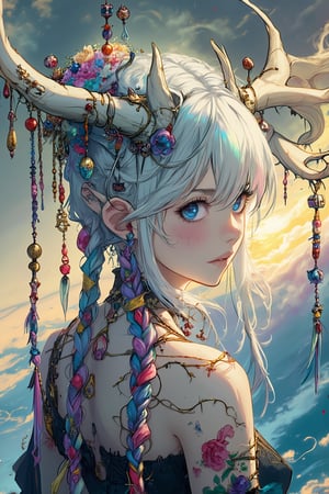 albino demon girl, (Long deer horn: 1.2) ,A shaman with deer antlers,(many ornaments hanging from the horn),crazy alternate hairstyle, amazingly intricately hair,colorful color hair, each braid painstakingly created,decorated with delicate accessories and beads,aesthetic,Beautiful Blue eyes, ,Rainbow haired girl ,dal-1, art nouveau,emo,1girl,Anime Style