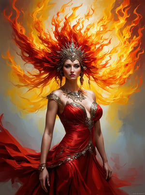 Create an oil painting in the style of Karol Bak, featuring a regal woman with an air of elegance and mystery. She should be adorned in intricate, flowing attire with a blend of metallic and organic textures. Her attire and headdress should incorporate elements of fire, giving the impression of flames and energy radiating around her. The color palette should be dominated by vibrant oranges, yellows, and reds, with rich contrasts and dynamic brushstrokes to evoke a sense of movement and intensity. The woman's expression should be confident and captivating, and the overall composition should be surreal and fantastical, with attention to fine details and a dramatic atmosphere,ek_art_b00ster