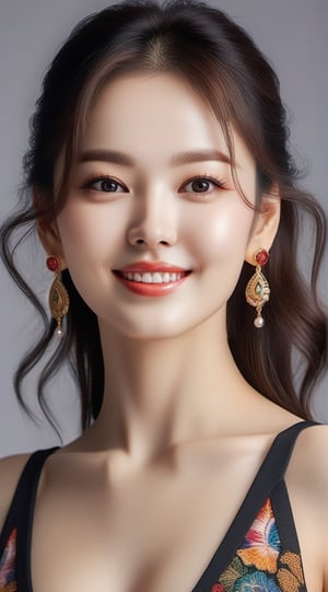 Very (detailed) illustration of a ((best quality)), ((masterpiece)), mesmerizing and alluring female model,posing in photo studio,23yo,detailed exquisite face,looking at viewer,dishelved black hair, perfect female form BREAK gentle smile,8K,aesthetic, intricate,high contrast,colorful,cute,adorable,skinny tight clothes,small earrings,jewelry,detailed eyes,glossy skin,very sexy pose,hourglass_figure,natural huge breasts,full body,rule of thirds,Rembrandt lighting, detailmaster2,song-hyegyo-xl