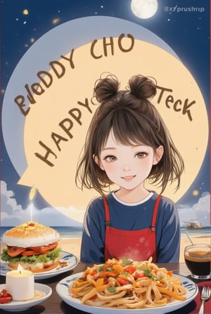 An anime of a cute girl saying "Happy Choo-Seok" in a big word bubble.big smile.delicious food on the table,full moon,beauy_ks01,disney-pixar style,ek_an1_b00ster