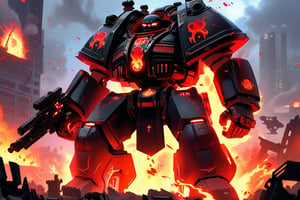 a Warhammer 40k IMPERIUM Skorpek Destroyer \(ek_ct4k\) standing in a battle field,black and red colored armor,ek_game_3ffect,blurry city background,explosion,fire,flame,dynamic angle,anime style by Makoto Shinkai,ek_ph0t0_b00ster, ek_an1_b00ster,upper body shot