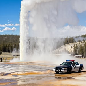 Hyper-Realistic photo of a beautiful LAPD police officer at  Yellowstone,20yo,1girl,solo,LAPD police uniform,cap,detailed exquisite face,soft shiny skin,smile,sunglasses,looking at viewer,Kristen Stewart lookalike,cap,fullbody:1.3
BREAK
backdrop:Old Faithful \(oldfa1thfu1\) in Yellowstone,outdoors,multiple boys,sky, day,tree,scenery,6+boys,realistic,photo background,many people watching smoke eruption,highly realistic eruption,highly detailed soil,mostly white soil with some brown,police car,(girl focus:1.3),[cluttered maximalism]
BREAK
settings: (rule of thirds1.3),perfect composition,studio photo,trending on artstation,depth of perspective,(Masterpiece,Best quality,32k,UHD:1.4),(sharp focus,high contrast,HDR,hyper-detailed,intricate details,ultra-realistic,kodachrome 800:1.3),(cinematic lighting:1.3),(by Karol Bak$,Alessandro Pautasso$,Gustav Klimt$ and Hayao Miyazaki$:1.3),art_booster,photo_b00ster, real_booster,Ye11owst0ne