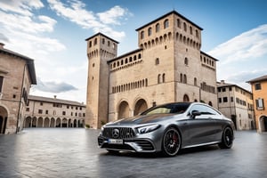 ((Ultra-realistic)) photo of mercedes e53 amg coupe,metallic grey color,shiny spinning wheels,glossy black alloy rims with silver edge,bright turned on head lights
BREAK
backdrop of (a medieval plaza in Italy:1.4), 14th century, (golden ratio:1.3), (medieval architecture:1.3), (mullioned windows:1.3), (brick wall:1.1), (tower with merlons:1.2), overlooking the plaza, beautiful blue sky with imposing cumulonembus clouds,depth of perspective,vehicle focus,(wide shot),random angle view
BREAK
sharp focus,high contrast,studio photo,trending on artstation,rule of thirds,perfect composition,(Hyper-detailed,masterpiece,best quality,UHD,HDR,32K, kodachrome 800:1.3),H effect,photo_b00ster, real_booster,more detail XL,itacstl