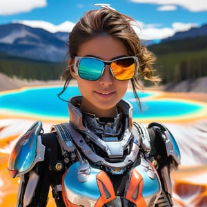 realistic photo of a beautiful cyborg girl standing in Grand Prismatic Spring of Yellowstone,20yo,sunglasses,detailed face,model body,looking at viewer,playful smirks,detailed hair blowing,vibrant colors,highly detailed form-fitting mecha armor,upper body focus
BREAK
backdrop:detailed photo of Grand Prismatic Spring \(grandpr1smat1c\) in Yellowstone,1 spring,
 BREAK 
rule of thirds,studio photo,detailed,realistic,cinematic lighting,Ye11owst0ne,grandpr1smat1c