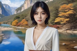 ((Hyper-Realistic)) photo of a beautiful girl standing in a national park,(kuchiki rukia),20yo,detailed exquisite face,detailed soft skin,hourglass figure,perfect female form,model body,(perfect hands:1.2),(elegant jacket, shirt and skirt),(backdrop: beautiful mountain with river,lake,tree, forest,rock and reflection in water),v1sta2
BREAK 
aesthetic,rule of thirds,depth of perspective,perfect composition,studio photo,trending on artstation,cinematic lighting,(Hyper-realistic photography,masterpiece, photorealistic,ultra-detailed,intricate details,16K,sharp focus,high contrast,kodachrome 800,HDR:1.2),by Karol Bak,Gustav Klimt and Hayao Miyazaki, real_booster,art_booster,ani_booster,y0sem1te,H effect