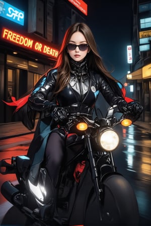 a cyborg girl in mecha armor. Black and red colored armor. neon light lines glowing, exquisite face, soft shiny skin, longhair blowing, sunglasses. riding a motor cycle, kawasaki ninja h2 carbon at high speed,city street backdrop,puddles,focused expression,dark,((Big neon light saying "Freedom or Death" in the background))
BREAK
realistic,detailed,sharp focus,high contrast,rule of thirds,depth of perspective,award-winning photo,chiaroscuro lighting,ek_g1rl_02,ink style