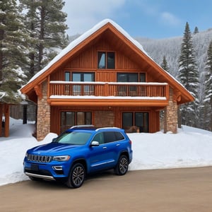 a beautiful cabin on a hill street,modern style luxury cabin,luxurious brick concrete stone wall material,snow,window,trees,vibrant colors,(cool SUV next to cabin:1.5),cool,aesthetic,rule of thirds,studio photo,trending on artstation,(cabin focus),(masterpiece,8k,sharp focus,kodachrome 800,high contrast,masterpiece,HDR,hyper-realistic,ultra-detailed:1.2),H effect,real_booster,art_booster,ani_booster,more detail XL,w1nter res0rt