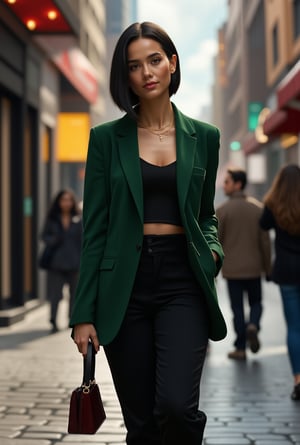 A stunning 20-year-old woman with a modern, sophisticated style, confidently walking through a trendy urban district. Her jet-black hair is cut into a sleek, chin-length bob that frames her face perfectly, highlighting her sharp, elegant features and almond-shaped hazel eyes.

She wears a tailored, emerald green blazer over a simple, black silk camisole, paired with high-waisted, black trousers that elongate her legs. On her feet are stylish, pointed-toe ankle boots in a soft suede. A delicate, gold chain rests at her collarbone, catching the sunlight, while a small, designer crossbody bag in deep burgundy adds a pop of color. Her expression is calm yet purposeful, exuding an aura of confidence and sophistication as she navigates the lively streets with effortless grace.realistic,detailed,sharp focus,high contrast,trending on artstation,rule of thirds,depth of perspective,chiaroscuro lighting.ek_ph0t0_b00ster,jisosmile