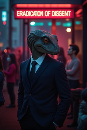 A sleek and imposing reptilian figure, dressed in a sharp suit, stands confidently in front of a crowd. Above it, a glowing neon sign reads 'Eradication of Dissent,' casting an eerie light on the scene. The reptilian’s true face is hidden behind a smiling human mask, projecting an air of charm and authority. While the onlookers are captivated by the charismatic façade, subtle hints of its true nature peek through—the gleam of scales and cold, calculating eyes just visible at the edges of the mask. This scene captures the eerie contrast between the reptilian overlord's deceptive appearance and its sinister intent, embodying the hidden control exerted over humanity.
BREAK
detailed exquisite face,soft shiny skin,realistic,detailed,sharp focus,high contrast,rule of thirds,depth of perspective,award-winning photo,chiaroscuro lighting,ek_g1rl_02