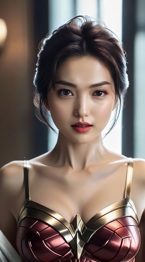 A sophisticated woman,detailed exquisite symmetric face,soft shiny skin,detailed seductive eyes,sharp nose,short hair,hourglass figure,perfect female form,slim and tall model body,model pose,bokeh,mesmerizing and alluring,looking at viewer,siena natural ratio,by Sakimichan and Yoji Shinkawa and Serafleur,(head to thigh sideview:1.3),more detail XL,wonder-woman-xl,jeon_jihyun,kimtaeri-xl