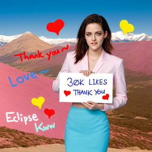 ((Hyper-Realistic)) photo of a beautiful girl holding a sign  in a photo studio,20yo,Kristen Stewart,(perfect hands:1.2),(elegant pink jacket,white shirt and cyan skirt),holding a (BIG:1.3) sign,text "30000 LIKES" text,(sign focus:1.3),(mountain backdrop),realistic,detailed,close-up,y0sem1te,Text