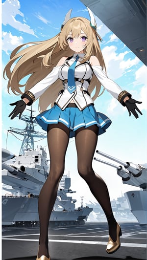Hyper-Detailed Anime of Casablanca \(Azur Lane\),1girl, solo, long hair, breasts, looking at viewer, skirt, blonde hair, shirt, hair ornament, thighhighs, gloves, navel, bare shoulders, purple eyes, jacket, full body, white shirt, pantyhose, pleated skirt, boots, open clothes, necktie, sleeveless, black gloves, midriff, miniskirt, blue skirt, coat, black pantyhose, sleeveless shirt, floating hair, thigh boots, outstretched arms, aircraft, airplane, rigging,cluttered maximalism
BREAK
(rule of thirds:1.3),(thick drawing lines:1.3),perfect composition,studio photo,trending on artstation,(Masterpiece,Best quality,32k,UHD,sharp focus,high contrast,HDR,hyper-detailed,intricate details,ultra-clear:1.3),(cinematic lighting),by Karol Bak,Gustav Klimt and Hayao Miyazaki,ani_booster,real_booster,art_booster