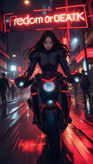 Anime of a cyborg girl in mecha armor. Black and red colored armor. neon light lines glowing, exquisite face, soft shiny skin, longhair blowing, sunglasses. riding a motor cycle, kawasaki ninja h2 carbon at high speed,city street backdrop,puddles,focused expression,dark,(((Big neon light saying "Freedom or Death" in the background)))
BREAK
Anime by makoto shinkai's artworks,detailed,sharp focus,high contrast,rule of thirds,depth of perspective,award-winning photo,chiaroscuro lighting,ek_g1rl_02,ink style,ek_an1_b00ster