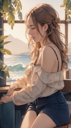 A stylish urban woman is sitting by the window in an ocean-view cafe, close-up view, portrayed in watercolor style. In a close-up view, she is reading a book, deeply focused, with a soft expression of concentration. Dressed in elegant, modern attire, she is partially illuminated by warm sunlight streaming through the large windows behind her. The serene ocean is visible in the background, with gentle waves and a distant horizon, adding a peaceful atmosphere to the scene. ek_g1rl_02,ek_art_b00ster,watercolor painting