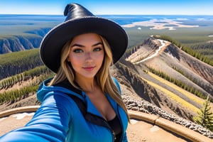 Highly detailed beautiful 1girl taking selfie at the vista point of mount washburn summit in Yellowstone,20yo,(wearing witchhat:1.3),(looking at viewer),clear facial features,model body,detailed hair,elegant jacket,vibrant colors,perfect body proportions,(close up:1.5)
BREAK
[mount washburn summit,wash9urn,outdoors,vista point,blue sky,day,rock,horizon,green mountain,landscape,trail,tree,handrail],(girl focus:1.5)
BREAK 
rule of thirds,studio photo,perfect composition,(masterpiece,sharp focus,high contrast,HDR, trending on artstation,8K,Hyper-detailed,intricate details,hyper realistic:1.3),cinematic lighting,by Karol Bak, Alessandro Pautasso and Hayao Miyazaki, art_booster,real_booster,photo_b00ster,ani_booster,Ye11owst0ne,InkyCapWitchyHat,Decora_SWstyle