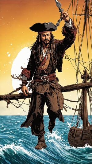 A captivating scene featuring Captain Jack Sparrow in all his swashbuckling glory. He stands on the deck of a pirate ship, the ocean waves crashing against the hull. His iconic tricorn hat is perched jauntily on his head, and his long, beaded hair flows in the sea breeze. Jack's eccentric outfit, complete with a tattered coat, multiple belts, and a sash, is vividly detailed. The setting sun casts a golden glow over the scene, highlighting Jack's mischievous grin and twinkling eyes. With one hand on the ship's wheel and the other holding a cutlass, he exudes confidence and charisma, ready for his next adventure on the high seas.,illustration,Ink splashes, bold lines, dynamic poses,Ink splashes, bold lines, dynamic poses,ek_ani_b00ster,ek_real_b00ster,ek_art_b00ster,photo realistic 