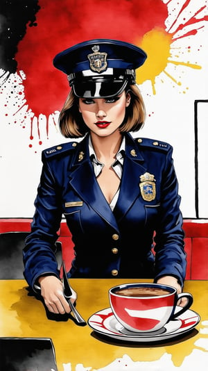 a beautiful 20yo police girl \(LAPD\) in a cafe,table,coffee,detailed exquisite face,LAPD form-fitting uniform,cap,badge,medium breasts,perfect female form,[model body],[red,blue,yellow colors],

Frank Miller's Sin City style,ink art,watercolor,splash, chiaroscuro lighting,ek_art_b00ster,ek_1nk_art,(dark:1.3),score_9,score_8_up,score_7_up