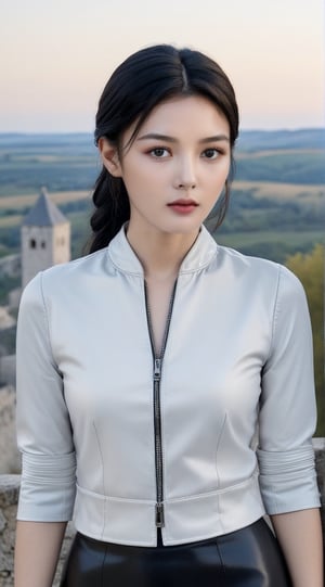 ((Hyper-Realistic)) (fullbody:1.3) photo of a girl standing,20yo,1girl,alluring neighbor's wife,clear facial features,detailed exquisite symmetric face,detailed black eyes,detailed soft shiny skin,glossy lips,smlie,mesmerizing,detailed short hair,(elegant jacket,shirt and skirt),(showing knee and highheels:1.5),model pose
BREAK
(detailed realistic backdrop of panoramic view of Soroca Fortress located north of Moldova),(scene with a beautifully composed background,featuring a diminutive girl in the foreground,distant view:1.3)
BREAK
rule of thirds,perfect composition,expressionism,studio photo,trending on artstation,(Masterpiece,Best quality,32k,UHD:1.5),(sharp focus,high contrast,HDR,ray tracing,hyper-detailed,intricate details,ultra-realistic,award-winning photo,kodachrome 800:1.4),(cinematic lighting:1.2),by Karol Bak,Gustav Klimt,Gerald Brom and Hayao Miyazaki,
real_booster,art_booster,photo_b00ster,kim youjung