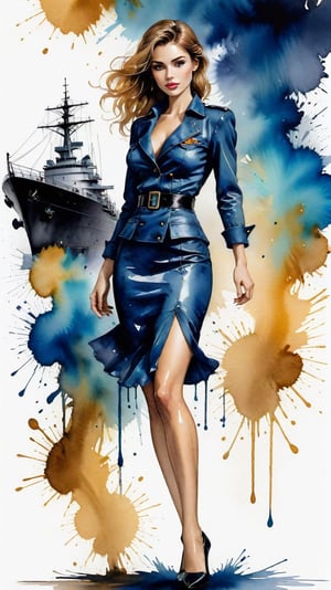 (alcohol ink watercolor art) of a beautiful 20yo US Navy officer in Navy uniform standing on a ship,exquisite face,perfect female form,model body,heels,backdrop of US Navy cruise ship in the ocean,sky,clouds
BREAK 
colorful splatters and ink stains backdrop,(Frank Miller's Sin City style:1.3),trending on artstation,CG society,(rule of thirds:1.3),art_booster,minimalist,amazing quality