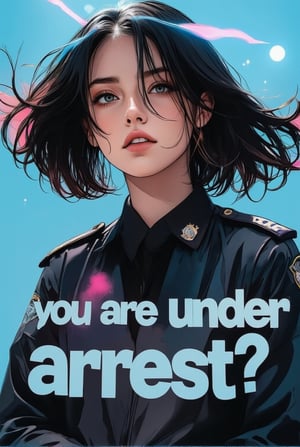 Anime of a beautiful female cop saying in a big word balloon with bold font saying :"You are under arrest?",upperbody shot,ek_game_3ffect,,ek_art_b00ster,by the style of Makoto Shinkai's artwork,beauy_ks01,ek_an1_b00ster,ink style