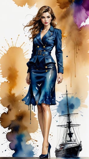 (alcohol ink watercolor art) of a beautiful 20yo US Navy officer in Navy uniform standing on a ship,exquisite face,perfect female form,model body,heels,backdrop of US Navy cruise ship in the ocean,sky,clouds
BREAK 
colorful splatters and ink stains backdrop,(Frank Miller's Sin City style:1.3),trending on artstation,CG society,(rule of thirds:1.3),art_booster,minimalist,amazing quality