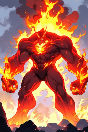 a fire giant \(ek_ge1frt\),good superhero style,roaring,open mouth,ek_game_3ffect,dynamic pose,simple background,blurry hilltop background,smoke,dynamic angle,anime style by makoto shinkai,detailed,ek_ph0t0_b00ster,ek_an1_b00ster