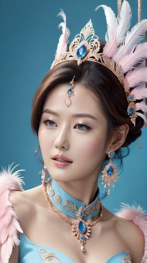 A gorgeous woman,alluring neighbor's wife,detailed exquisite symmetric face,make up,foxy eyes,soft shiny skin,studio photo,majestic,opulent,filigree jewelleries and fluffy feathers,azure white pink gold colors,untra-detailed,magic,epic,fantasy,barok,(full body sideview:1.3),jeon_jihyun