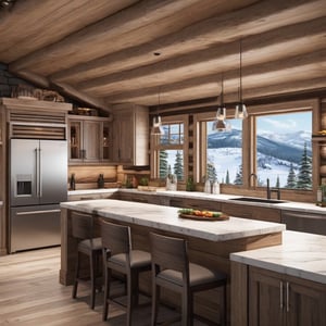 A realistic photo of kitchen in luxury cabin of winder resort1,modern luxury cabin,winter resort1,hyper detailed,16K,HDR,hyper-realistic,sharp focus,high contrast,trending on artstation,studio photo