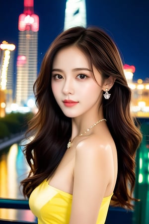 hyper realistic photo of a beautiful girl,20yo,detailed exquisite face,soft shiny skin,Chinese girl,long and natural brunette hair styled impeccably reflecting modern urban trends,Kristen Stewart lookalike,perfect female form,model body,elegant urban fashion,earrings and necklaces, backdrop:cityscape,window,night,lights,[modern green,yellow and cream colors],dark:1.2,chiaroscuro lighting, ek_ph0t0_b00ster,ek_game_3ffect,ek_real_b00ster