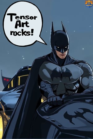 Anime of a batman on batmobile with a big word bubble on top saying text: "Tensor Art rocks!". serious expression,simple background,by the style of Makoto Shinkai's artworks,detailed,realistic,ek_ph0t0_b00ster,ek_art_b00ster,ek_game_3ffect