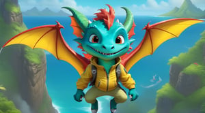 Cartoon: a cute dragon boy,flying in a hang glider,mustard-yellow biker jacket,Hawaii  backdrop,highly detailed,ultra-realistic,sharp focus,cinematic lighting,rule of thirds,depth of perspective,trending on artstation,(fullbody wide sideshot:1.3),animation style,dragon_h,art_booster