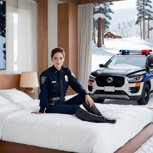 Hyper-Realistic photo of a beautiful LAPD police officer sitting on a bed in a winter resort house bedroom,20yo,1girl,solo,LAPD police uniform,cap,detailed exquisite face,soft shiny skin,smile,looking at viewer,Kristen Stewart lookalike,cap,fullbody:1.3
BREAK
backdrop:luxurious bedroom,pillow,carpet,lamp,large window,tree,curtain,snow road,police car,cluttered maximalism,girl focus
BREAK
settings: (rule of thirds1.3),perfect composition,studio photo,trending on artstation,depth of perspective,(Masterpiece,Best quality,32k,UHD:1.4),(sharp focus,high contrast,HDR,hyper-detailed,intricate details,ultra-realistic,kodachrome 800:1.3),(cinematic lighting:1.3),(by Karol Bak$,Alessandro Pautasso$,Gustav Klimt$ and Hayao Miyazaki$:1.3),art_booster,photo_b00ster, real_booster,w1nter res0rt