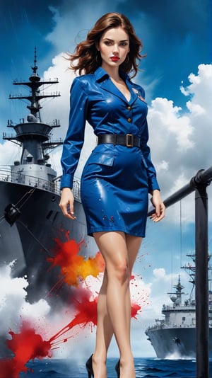 (alcohol ink watercolor art) of a beautiful 20yo US Navy officer in Navy uniform standing on a ship,exquisite face,perfect female form,model body,heels,backdrop of US Navy cruise ship in the ocean,sky,clouds
BREAK 
colorful splatters and ink stains backdrop,(Frank Miller's Sin City style:1.3),trending on artstation,CG society,(rule of thirds:1.3),art_booster,minimalist,amazing quality,artint
