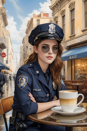 Hyper-Realistic photo of a beautiful LAPD police officer sitting in a cafe,20yo,1girl,solo,LAPD police uniform,cap,detailed exquisite face,soft shiny skin,smile,looking at viewer,Kristen Stewart lookalike,cap,sunglasses,fullbody:1.3
BREAK
backdrop:city street,table,coffee mug,sky,puddles,[cluttered maximalism]
BREAK
settings: (rule of thirds1.3),perfect composition,studio photo,trending on artstation,depth of perspective,(Masterpiece,Best quality,32k,UHD:1.4),(sharp focus,high contrast,HDR,hyper-detailed,intricate details,ultra-realistic,kodachrome 800:1.3),(cinematic lighting:1.3),(by Karol Bak$,Alessandro Pautasso$,Gustav Klimt$ and Hayao Miyazaki$:1.3),art_booster,photo_b00ster, real_booster