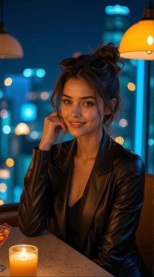 a beautiful girl,exquisite face,soft shiny skin,smile,wearing urban high fashion style,in a skyview cafe at night,cocktail,dessert,city scrapes,chiaroscuro lighting,[cobalt blue and yellow colors],round chin no dimple,ek_art_b00ster,beauy_ks01