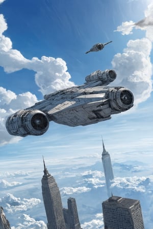 A starship razor crest \(star wars\) flying over a city,sky,cloud,futuristic city skyscrapers,cannons on head side,canopy on head top,jet engine on wing tip,top mounted wingsblunt head,door on left side,realistic,detailed,sharp focus,high contrast, ek_raz0r_cre5t,ek_rcfr0nt_left