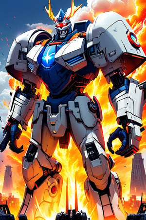 a giant robot \(ek_ct4k\) standing in a battle field,warhammer 4K style,white and blue colored armor,ek_game_3ffect,blurry city background,explosion,fire,flame,dynamic angle,anime style by Makoto Shinkai,ek_ph0t0_b00ster, ek_an1_b00ster,upper body shot