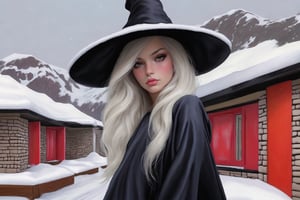 ((Ultra-Detailed)) portrait of a girl wearing a witchhat, standing in front of a modern resort house,1 girl,20yo,detailed exquisite face,soft shiny skin,playful smirks,detailed pretty eyes,glossy lips 
BREAK
(backdrop:modern style mountain house,windows,brick and stone walls,snow,tree,road),(girl and house focus)
BREAK 
sharp focus,high contrast,studio photo,trending on artstation,ultra-realistic,Super-detailed,intricate details,HDR,8K,chiaroscuro lighting,vibrant colors,by Karol Bak,Gustav Klimt and Hayao Miyazaki,
inkycapwitchyhat,real_booster,photo_b00ster,InkyCapWitchyHat,w1nter res0rt,art_booster