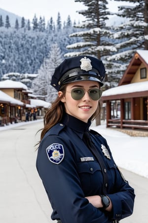 Hyper-Realistic photo of a beautiful LAPD police officer in a winter resort,20yo,1girl,solo,LAPD police uniform,cap,detailed exquisite face,soft shiny skin,smile,looking at viewer,Kristen Stewart lookalike,cap,sunglasses,fullbody:1.3
BREAK
backdrop:winter resort center,snow,road,police car,tree,[cluttered maximalism]
BREAK
settings: (rule of thirds1.3),perfect composition,studio photo,trending on artstation,depth of perspective,(Masterpiece,Best quality,32k,UHD:1.4),(sharp focus,high contrast,HDR,hyper-detailed,intricate details,ultra-realistic,kodachrome 800:1.3),(cinematic lighting:1.3),(by Karol Bak$,Alessandro Pautasso$,Gustav Klimt$ and Hayao Miyazaki$:1.3),art_booster,photo_b00ster, real_booster,w1nter res0rt