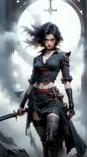 Full figure portrait of vampire hunter girl Saya swinging sword,Japanese student sailor uniform,hourglass figure, hyperdetailed,octane render, chiaroscuro lighting,fog, bokeh,Kodachrome 800,body by Albert Edelfelt and hr giger,drawing by Frank Frazetta,Color by peter mohrbacher,jeon_jihyun