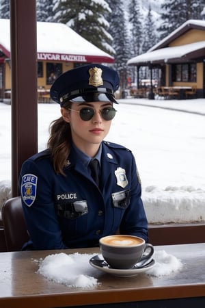 Hyper-Realistic photo of a beautiful LAPD police officer sitting in a cafe in winter resort,20yo,1girl,solo,LAPD police uniform,cap,detailed exquisite face,soft shiny skin,smile,looking at viewer,Kristen Stewart lookalike,cap,sunglasses,fullbody:1.3
BREAK
backdrop:cafe,table,coffee mug,window,snow,road,police car,tree,girl focus,[cluttered maximalism]
BREAK
settings: (rule of thirds1.3),perfect composition,studio photo,trending on artstation,depth of perspective,(Masterpiece,Best quality,32k,UHD:1.4),(sharp focus,high contrast,HDR,hyper-detailed,intricate details,ultra-realistic,kodachrome 800:1.3),(cinematic lighting:1.3),(by Karol Bak$,Alessandro Pautasso$,Gustav Klimt$ and Hayao Miyazaki$:1.3),art_booster,photo_b00ster, real_booster,w1nter res0rt